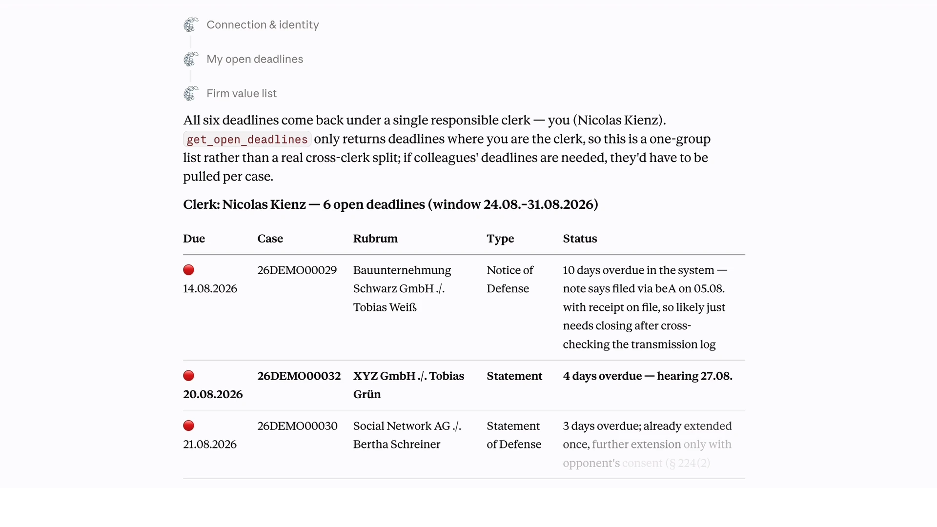 AI assistant listing open deadlines across matters, including the notes stored on each deadline