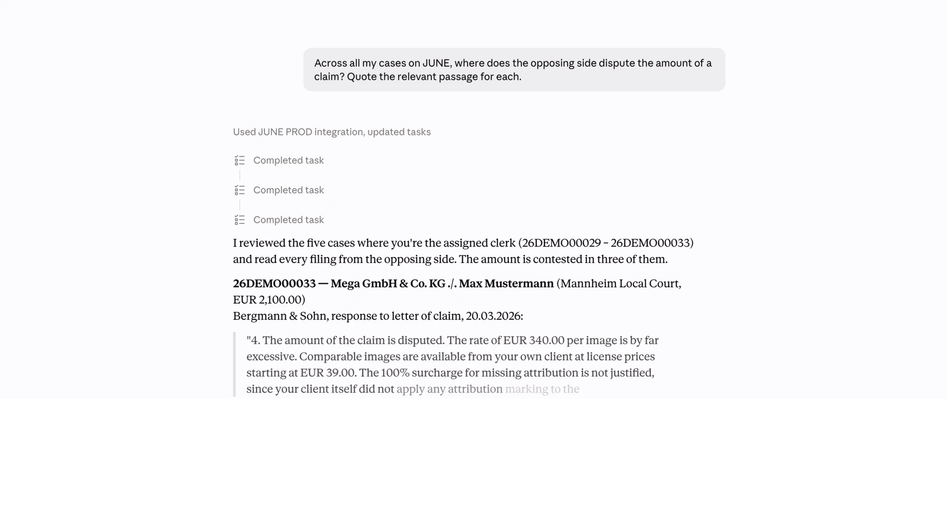 AI assistant quoting the passages in which the opposing side disputes the amount of a claim, with case reference and court