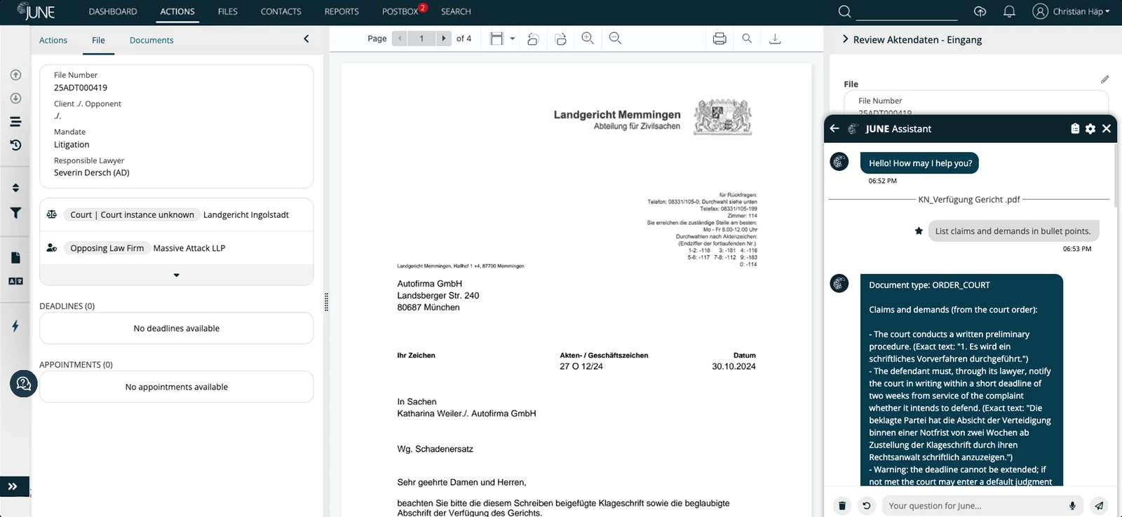 JUNE Assistant listet Ansprüche und Forderungen aus einem Gerichtsbeschluss auf