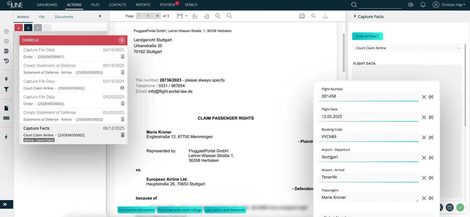 JUNE-Fallansicht mit Aktionsliste, dem Original-Klagedokument und den extrahierten Flugdaten