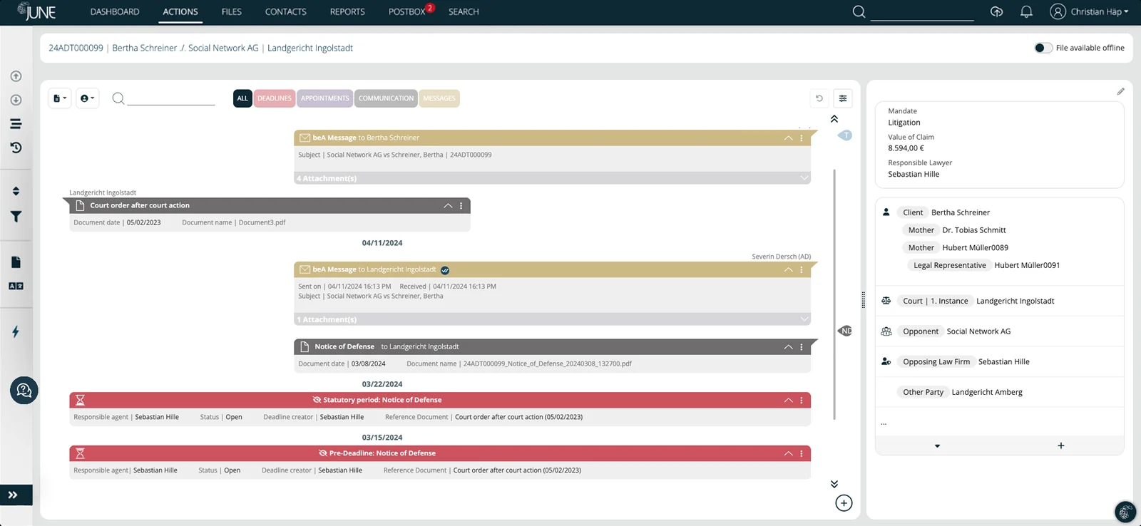 Chronological case history with beA messages, deadlines and documents
