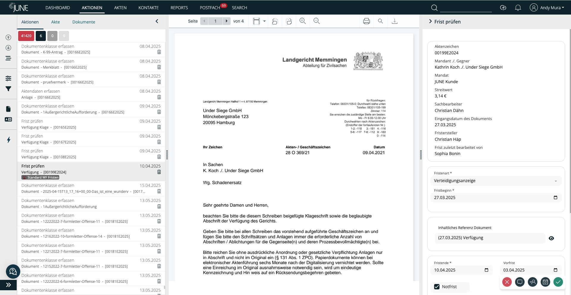 Screenshot JUNE Aktionen Legal Case Management