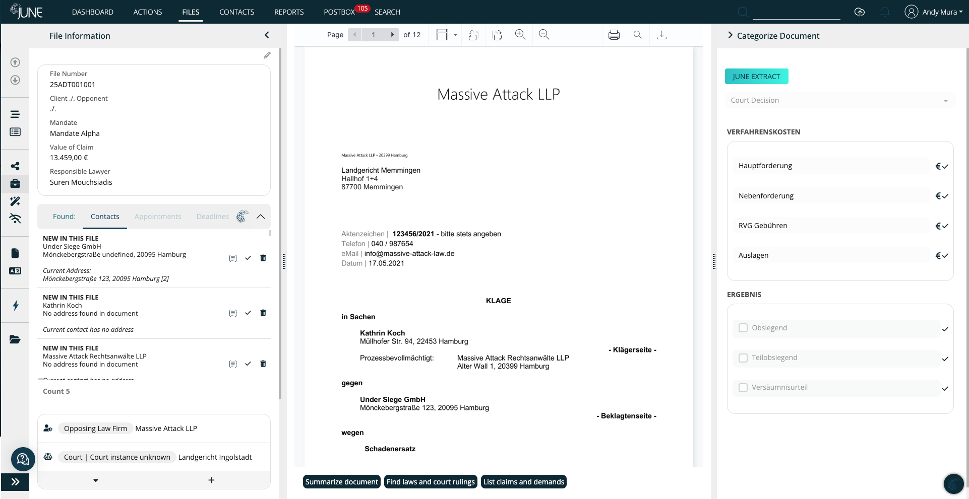 JUNE screenshot Document overview Legal AI claim management
