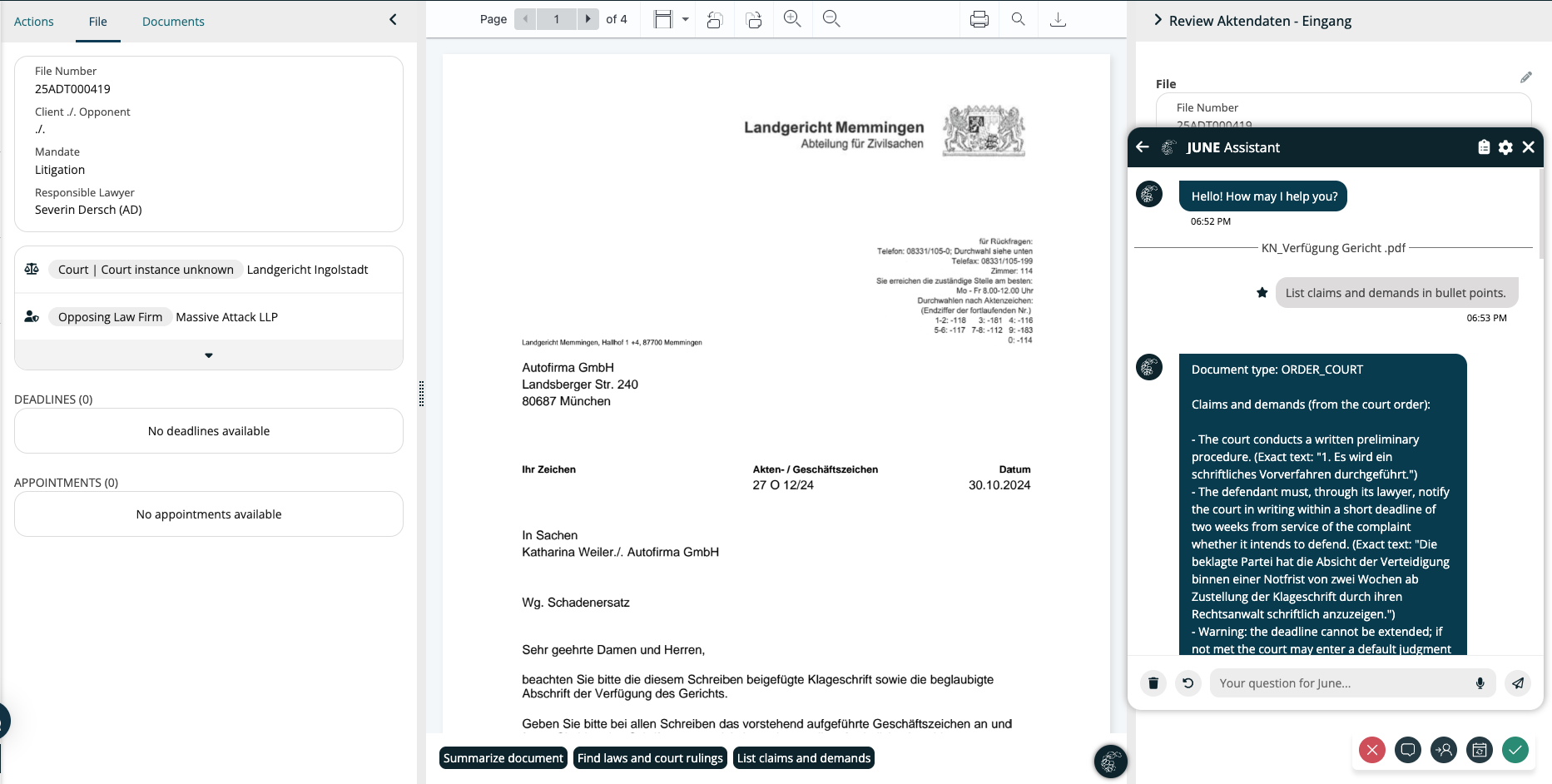 Screenshot JUNE Assistant Legal AI