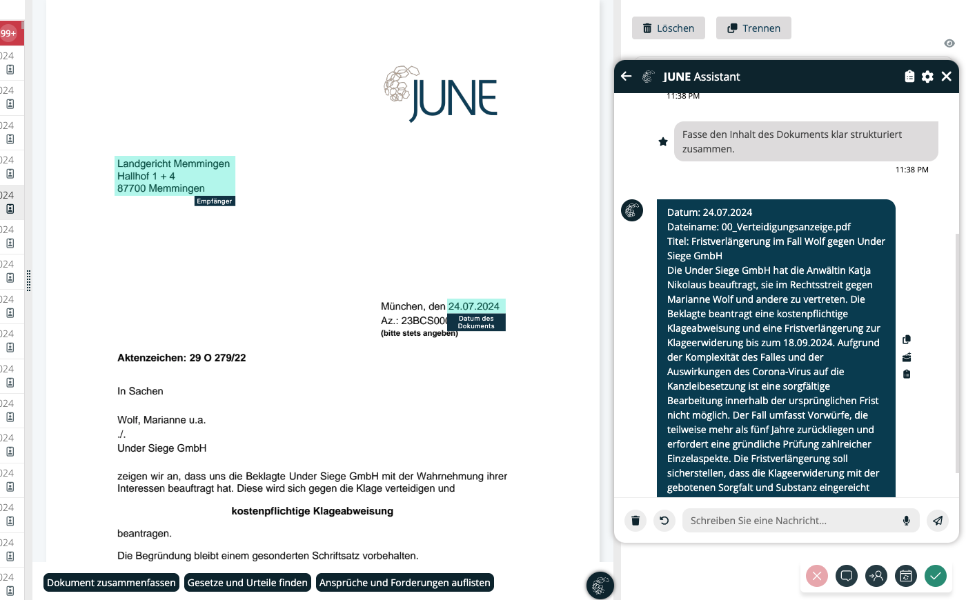Screenshot JUNE Assistant Legal AI