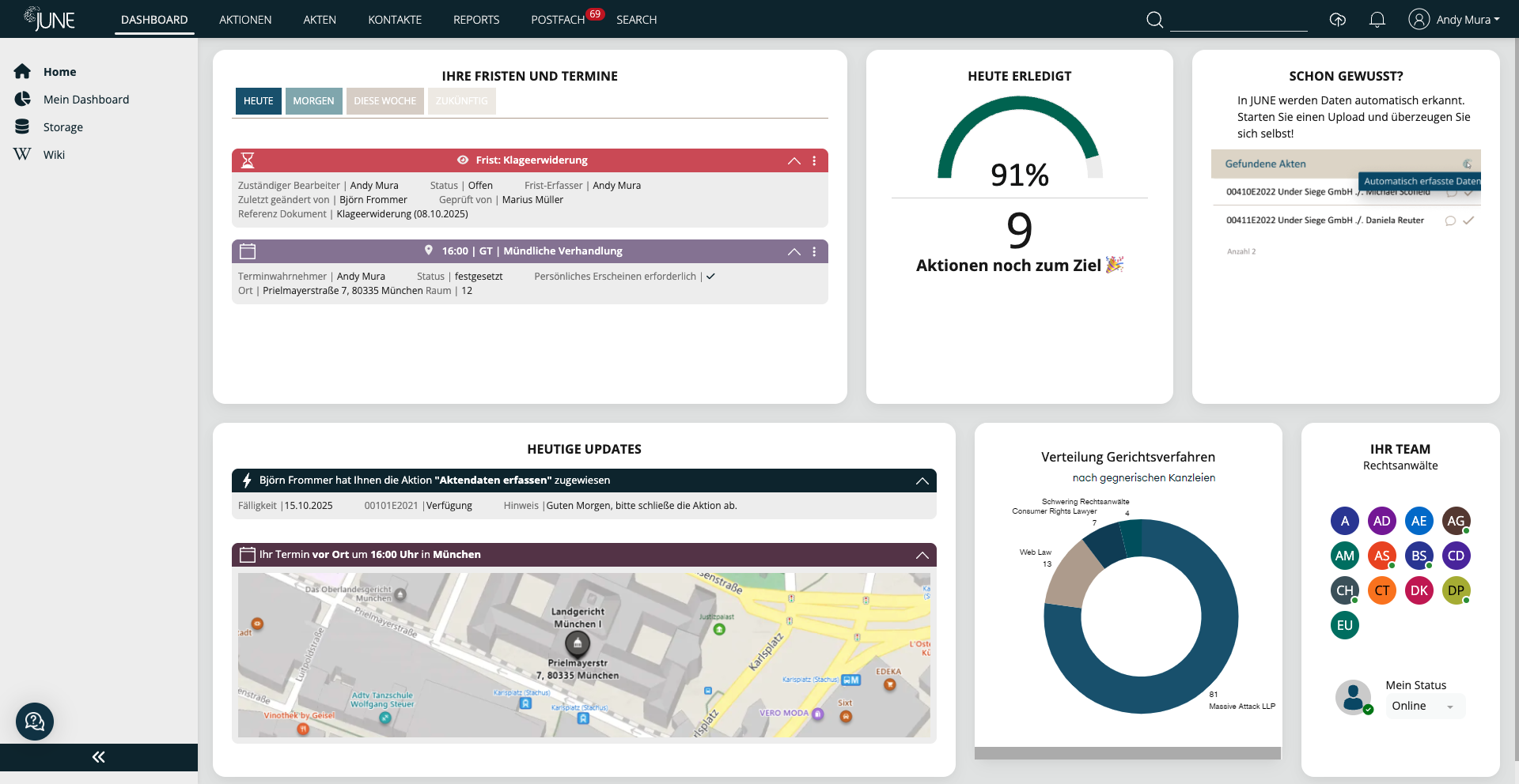 Screenshot JUNE Dashboard legal case management automation
