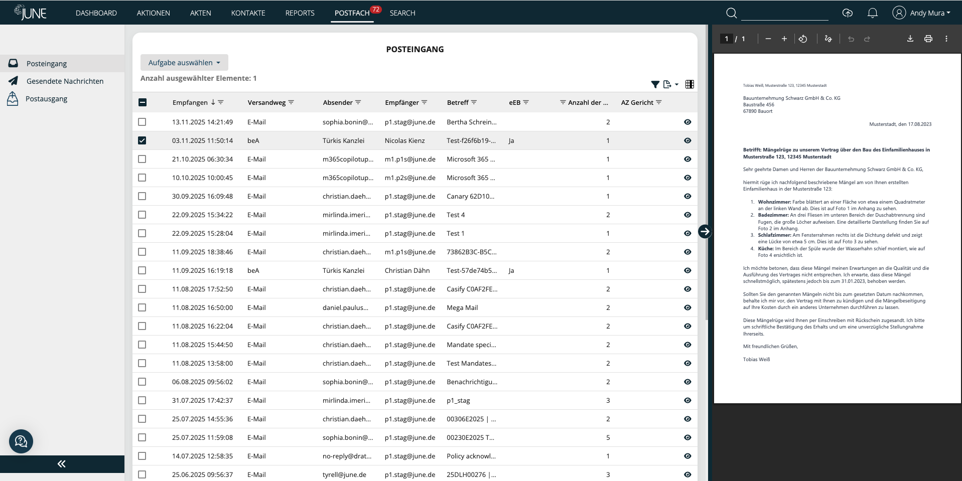 Postfach JUNE Legal Case Management